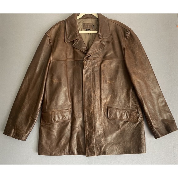 J.CREW Other - J.Crew Men XL Brown Leather Car Coat Jacket Patina Pebble Heavy Barn‎ Chore Y2K